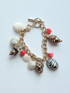 Gold Shell Charm Bracelet with Coral Accents MADE IN JAPAN